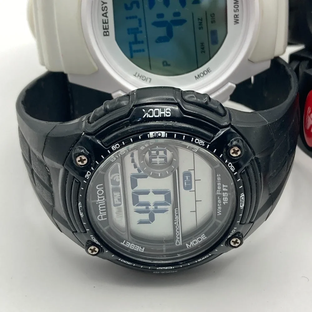 Lot of 4 Men's Watches Digital Armitron Skmei Black White Red Alarm Date Chrono